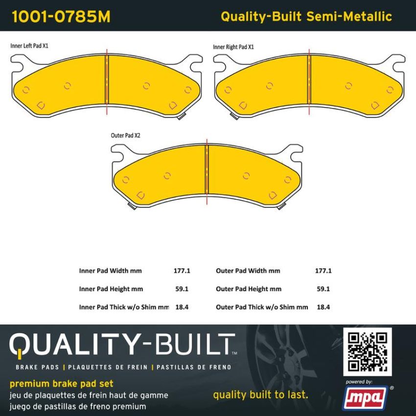 MPA 1001-0785M Quality-Built Premium Semi-Metallic Brake Pads w/ Hardware