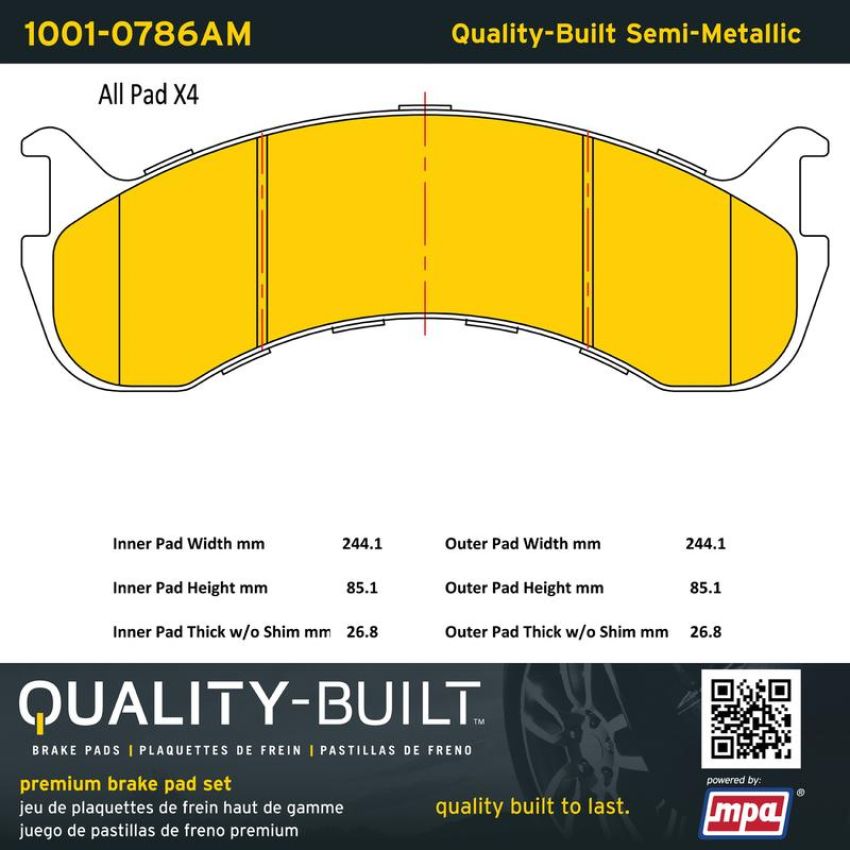 MPA 1001-0786AM Quality-Built Premium Semi-Metallic Brake Pads w/ Hardware