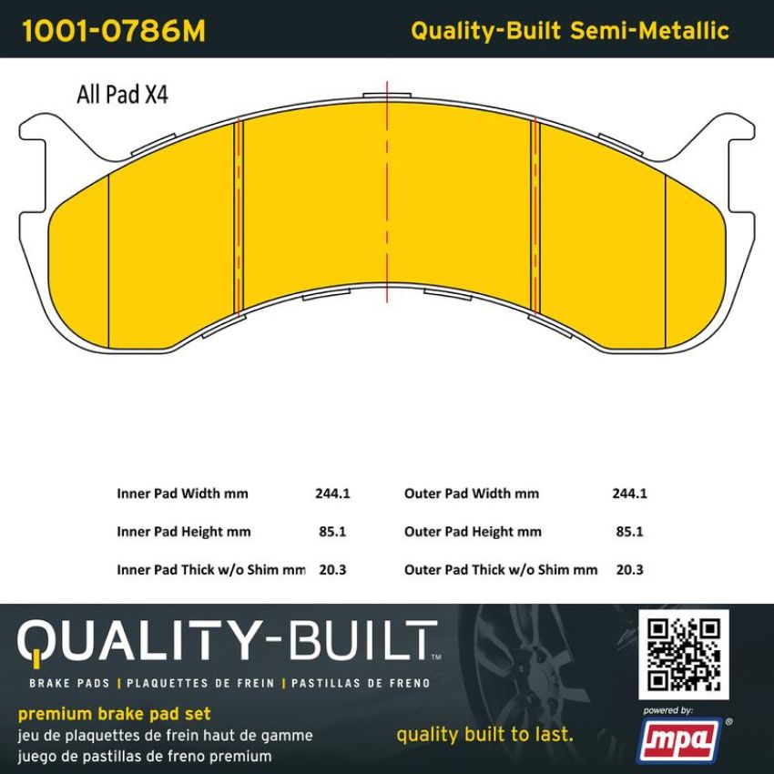 MPA 1001-0786M Quality-Built Premium Semi-Metallic Brake Pads w/ Hardware