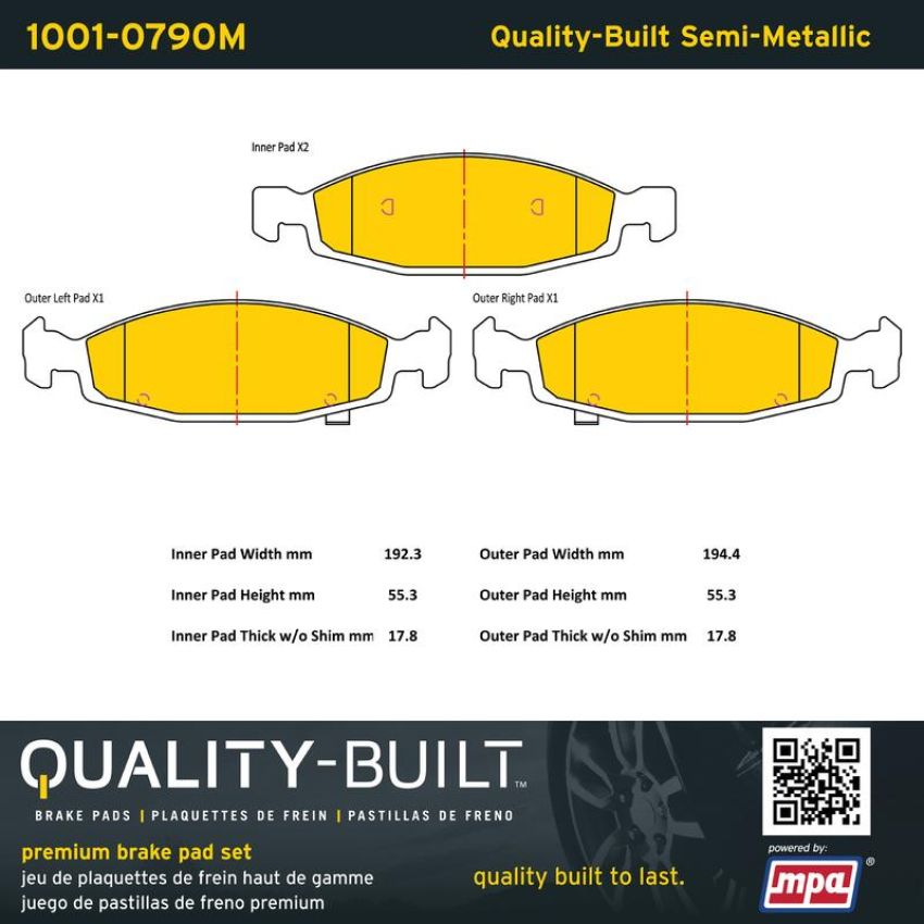 MPA 1001-0790M Quality-Built Premium Semi-Metallic Brake Pads w/ Hardware