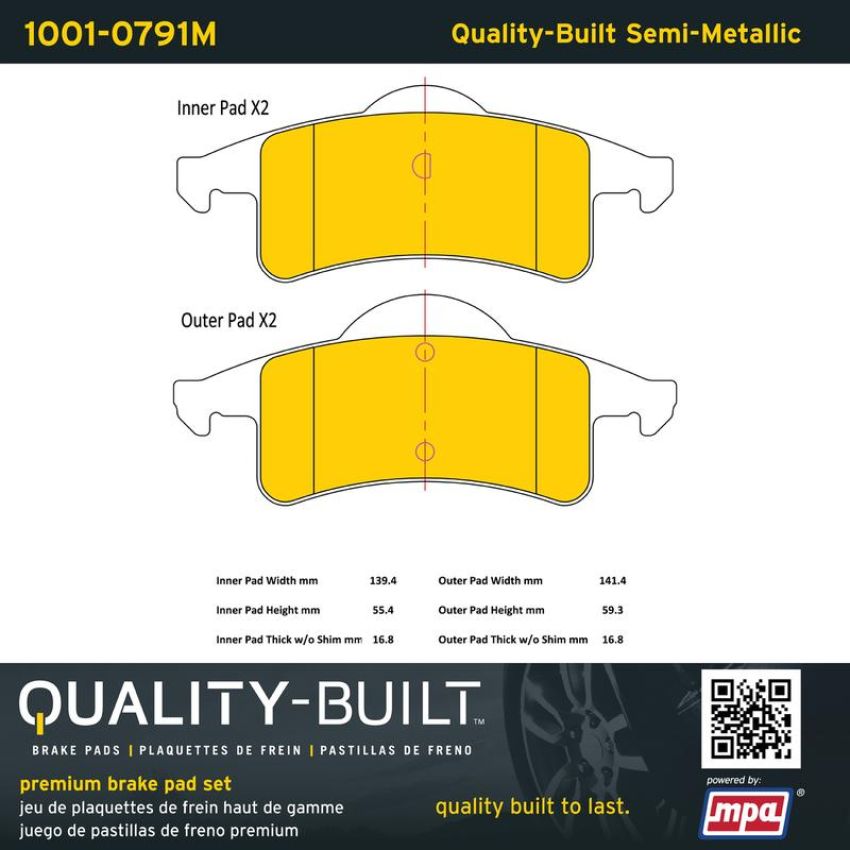 MPA 1001-0791M Quality-Built Premium Semi-Metallic Brake Pads w/ Hardware
