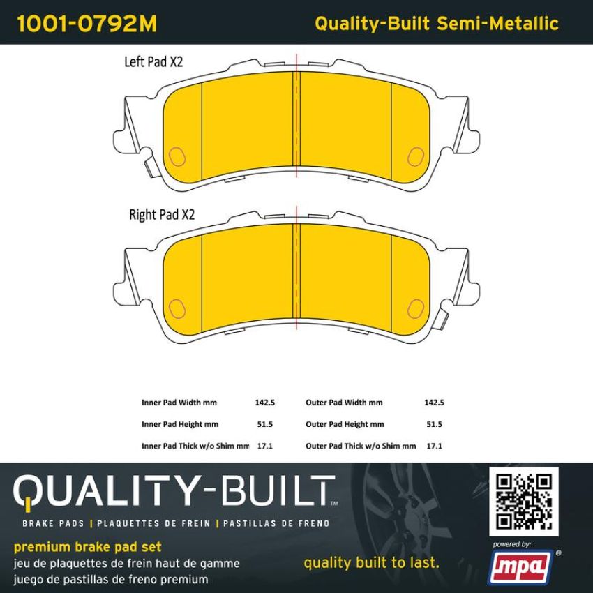 MPA 1001-0792M Quality-Built Premium Semi-Metallic Brake Pads w/ Hardware