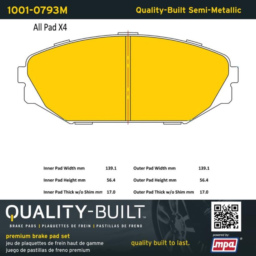 MPA 1001-0793M Quality-Built Premium Semi-Metallic Brake Pads w/ Hardware