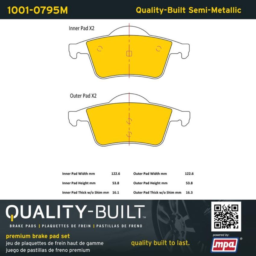 MPA 1001-0795M Quality-Built Premium Semi-Metallic Brake Pads w/ Hardware