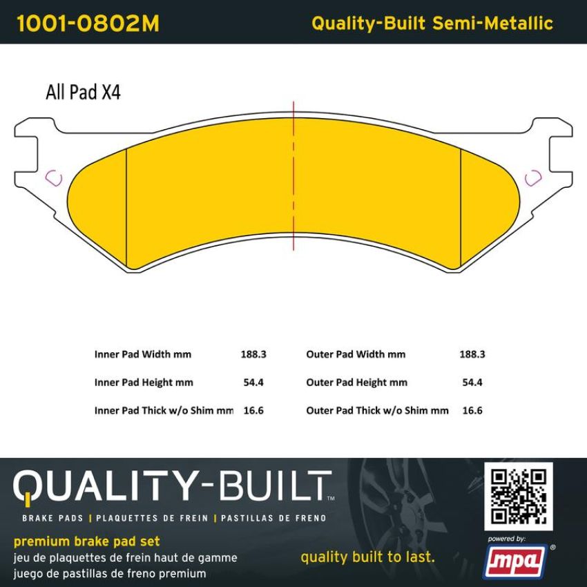 MPA 1001-0802M Quality-Built Premium Semi-Metallic Brake Pads w/ Hardware