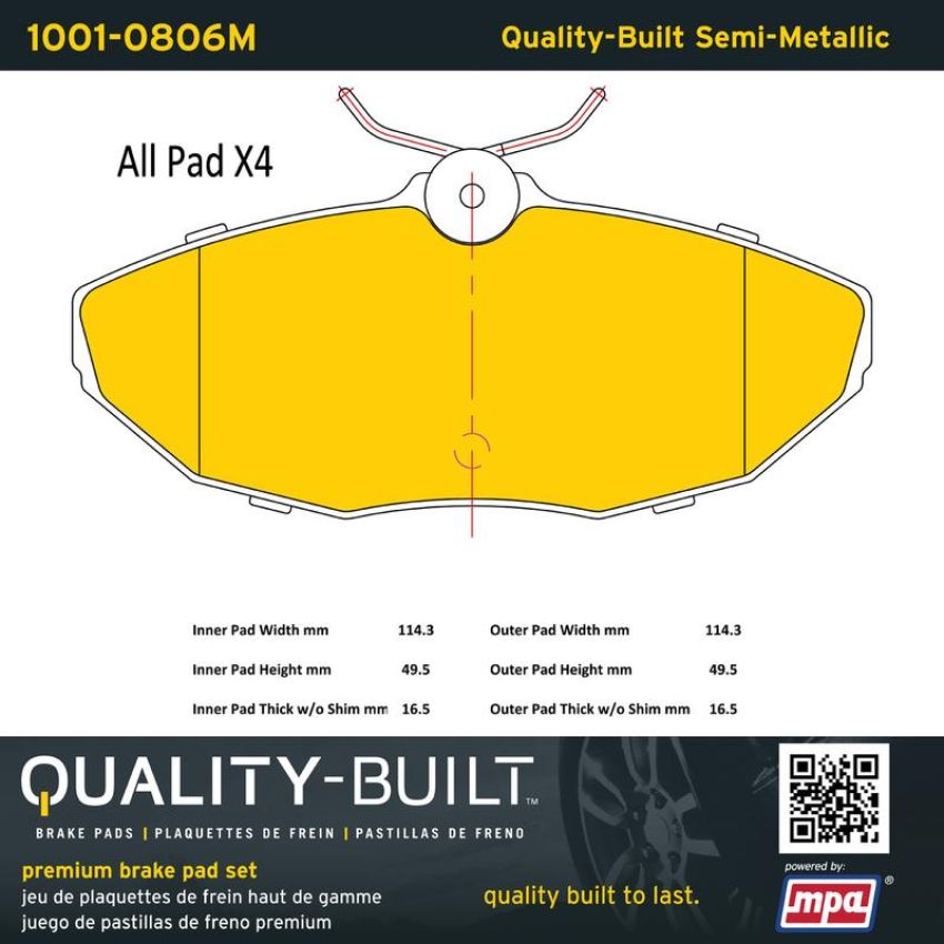 MPA 1001-0806M Quality-Built Premium Semi-Metallic Brake Pads