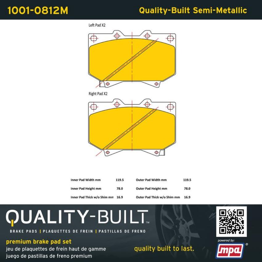 MPA 1001-0812M Quality-Built Premium Semi-Metallic Brake Pads w/ Hardware