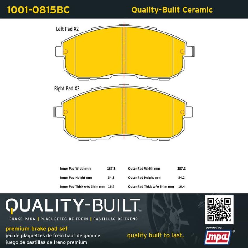 MPA 1001-0815BC Quality-Built Premium Ceramic Brake Pads w/ Hardware