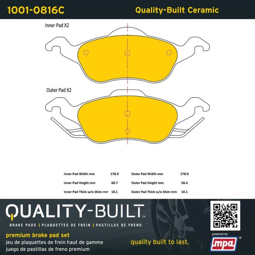 MPA 1001-0816C Quality-Built Premium Ceramic Brake Pads w/ Hardware