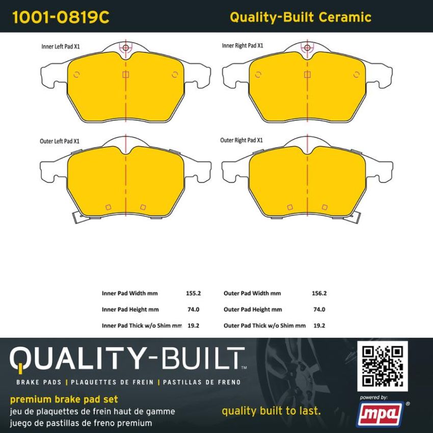 MPA 1001-0819C Quality-Built Premium Ceramic Brake Pads w/ Hardware