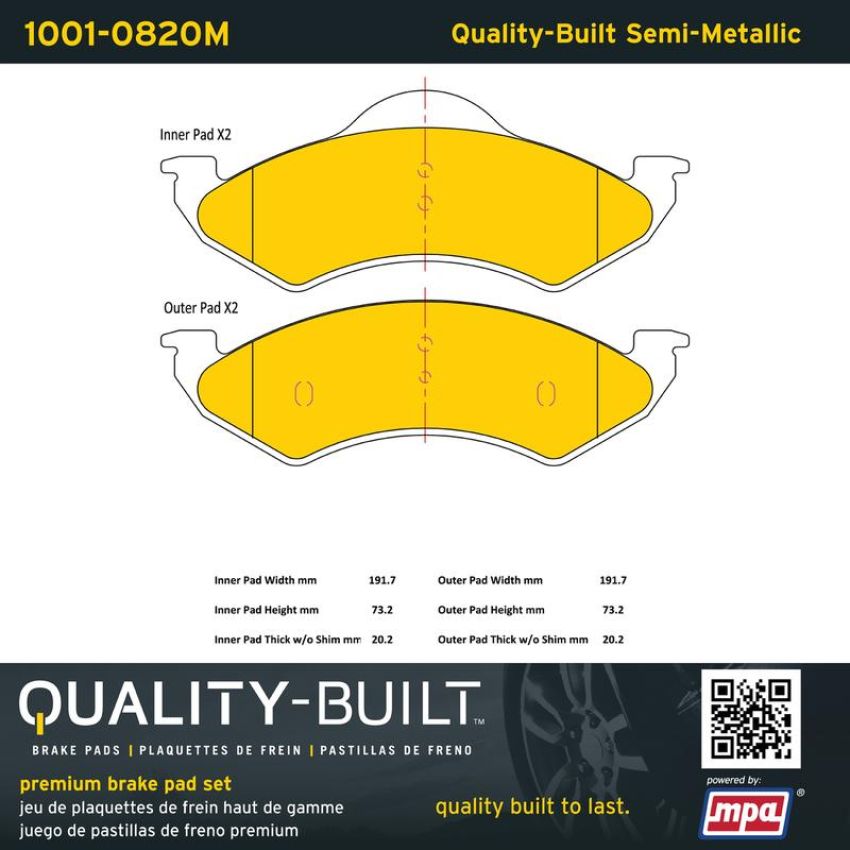 MPA 1001-0820M Quality-Built Premium Semi-Metallic Brake Pads w/ Hardware