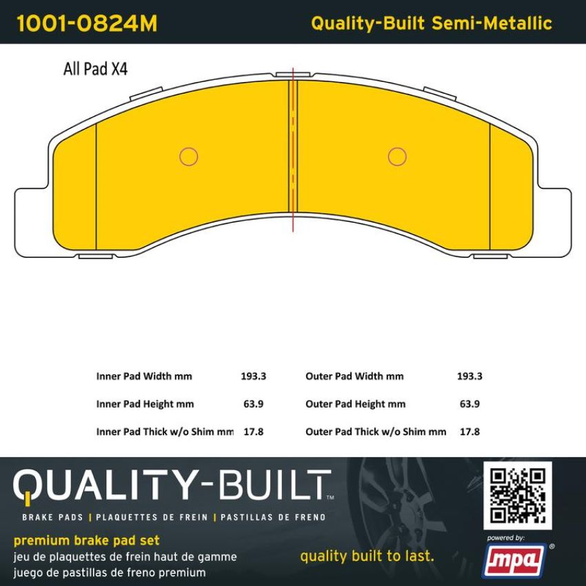 MPA 1001-0824M Quality-Built Premium Semi-Metallic Brake Pads w/ Hardware