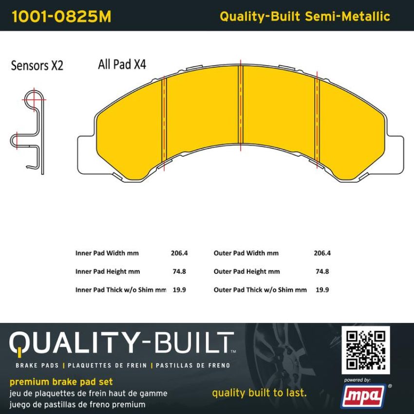 MPA 1001-0825M Quality-Built Premium Semi-Metallic Brake Pads w/ Hardware