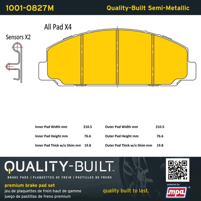 MPA 1001-0827M Quality-Built Premium Semi-Metallic Brake Pads w/ Hardware
