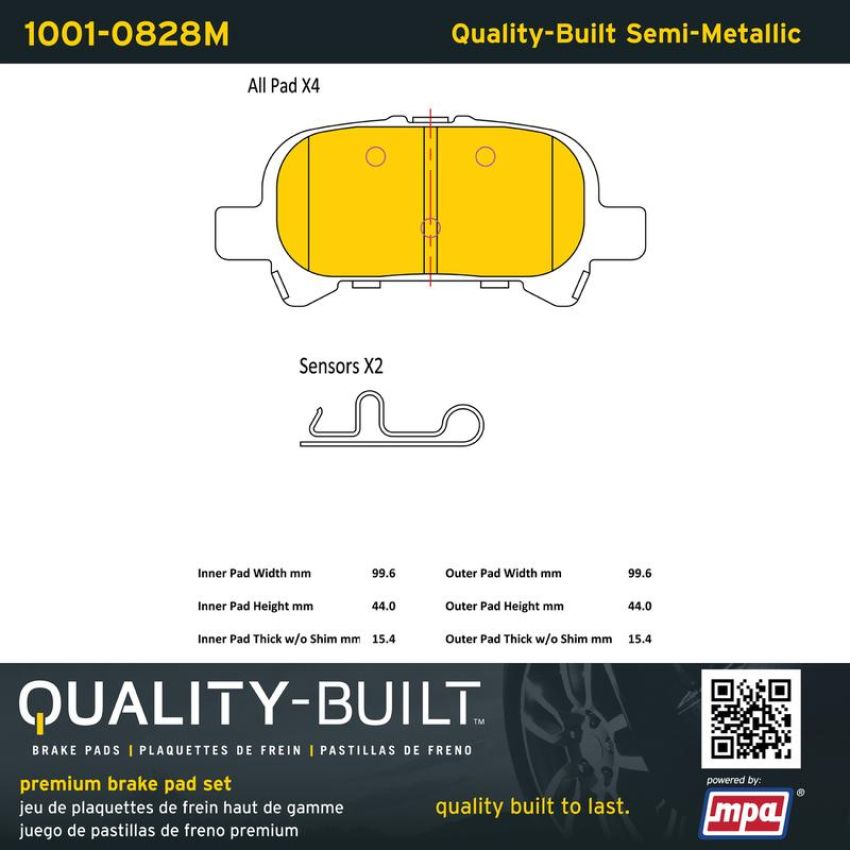 MPA 1001-0828M Quality-Built Premium Semi-Metallic Brake Pads w/ Hardware