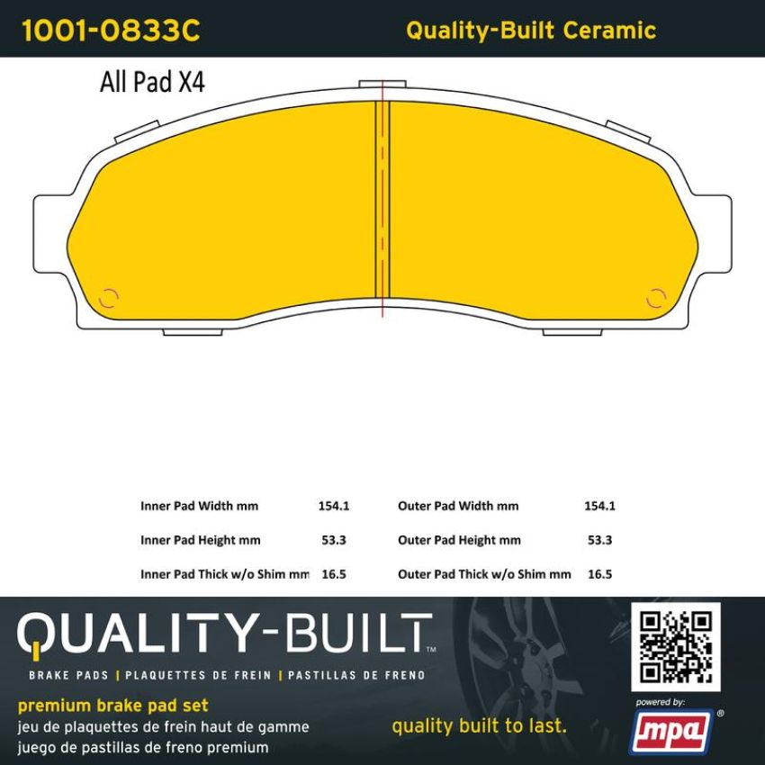 MPA 1001-0833C Quality-Built Premium Ceramic Brake Pads w/ Hardware