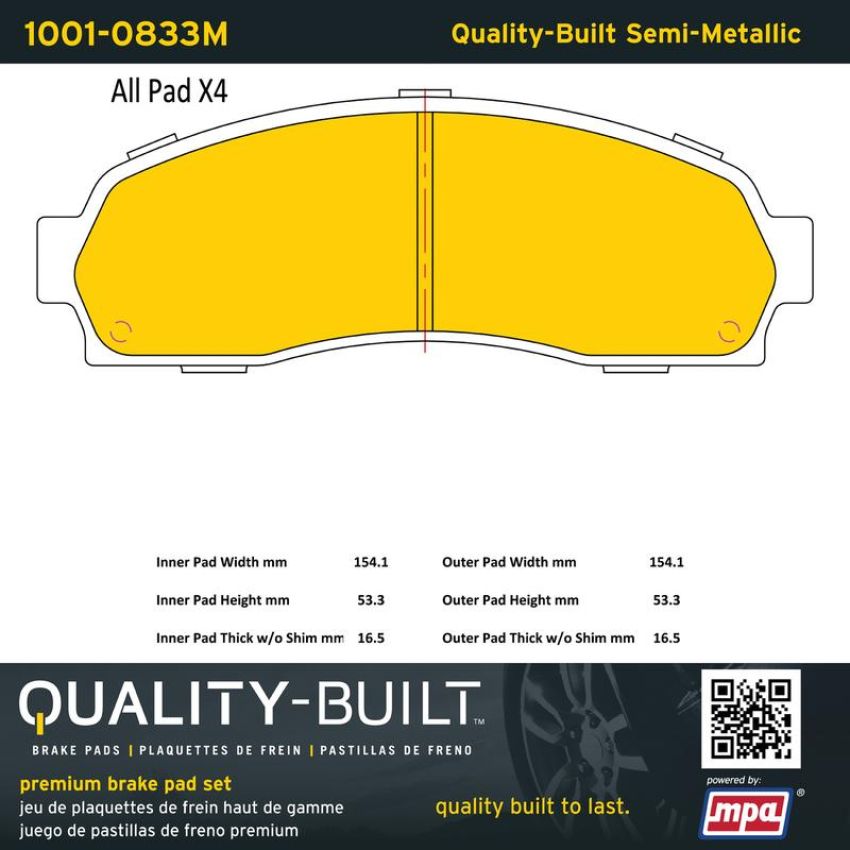 MPA 1001-0833M Quality-Built Premium Semi-Metallic Brake Pads w/ Hardware