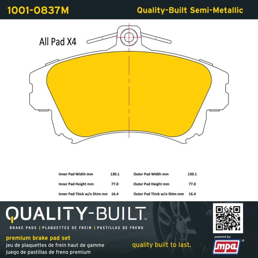 MPA 1001-0837M Quality-Built Premium Semi-Metallic Brake Pads