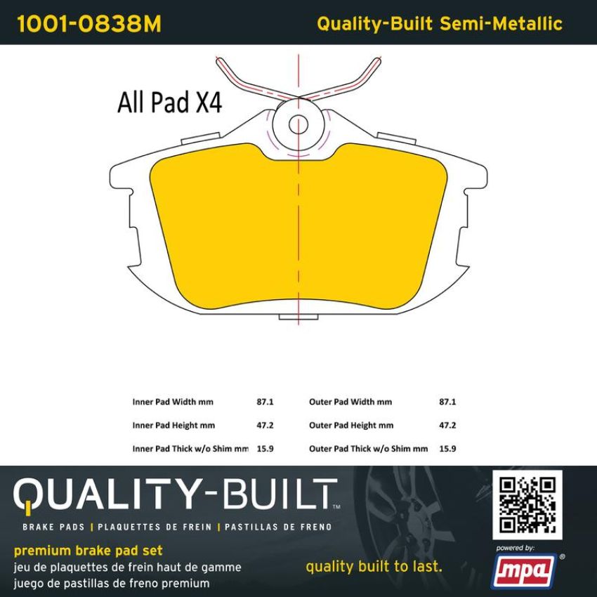 MPA 1001-0838M Quality-Built Premium Semi-Metallic Brake Pads