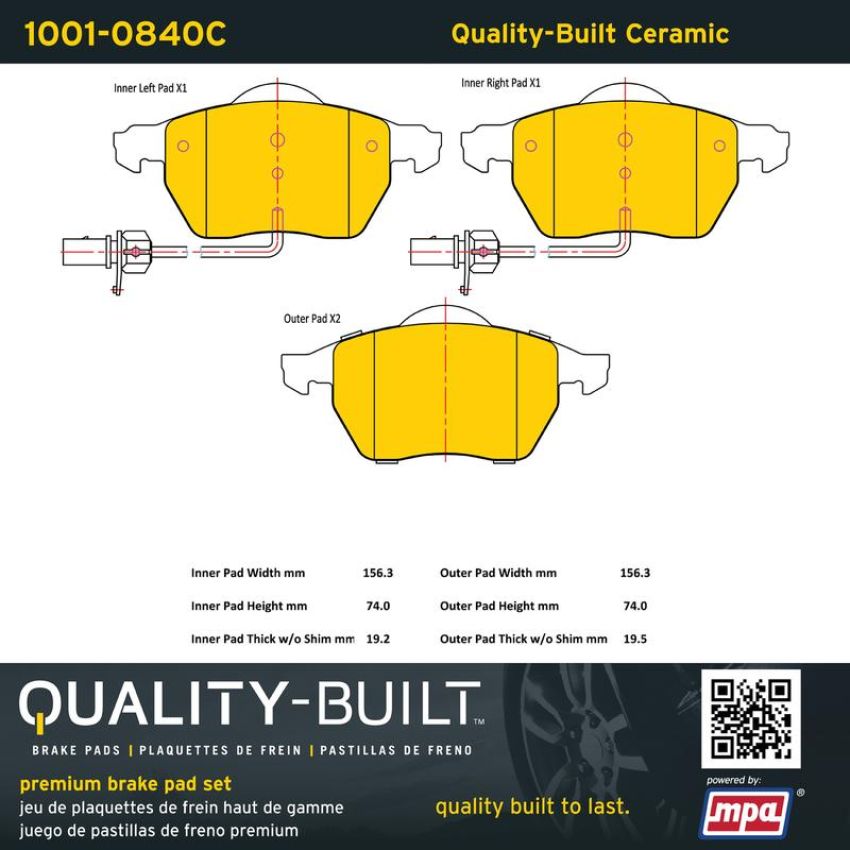 MPA 1001-0840C Quality-Built Premium Ceramic Brake Pads w/ Hardware