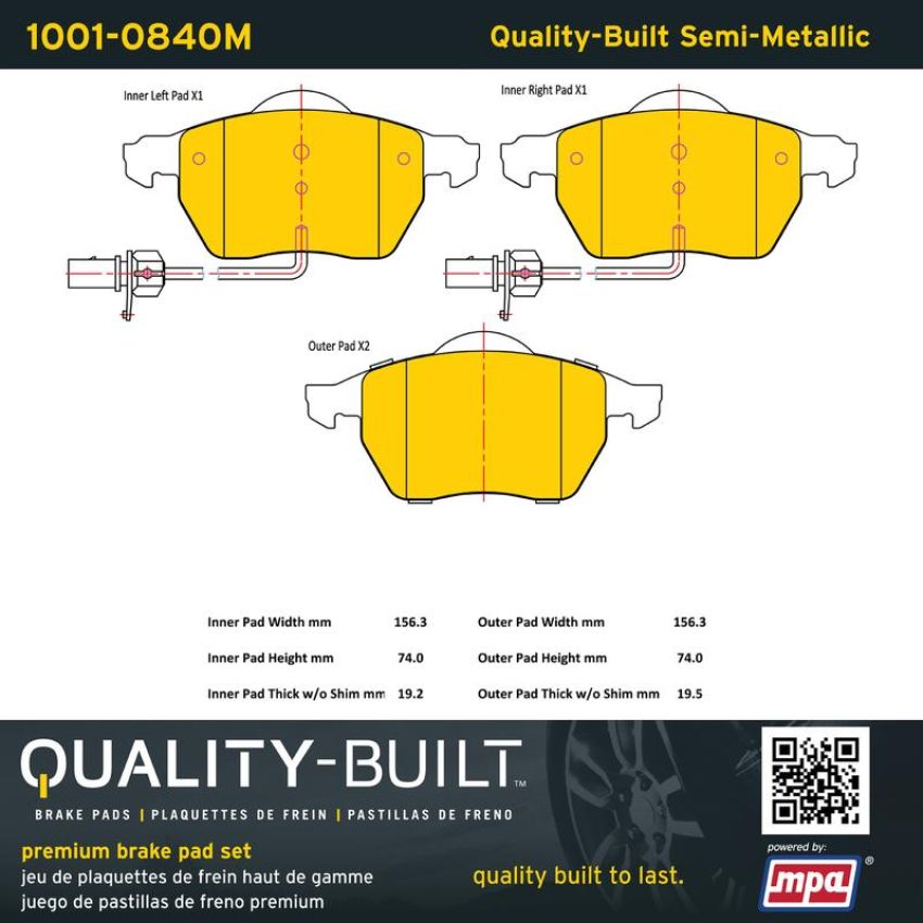 MPA 1001-0840M Quality-Built Premium Semi-Metallic Brake Pads w/ Hardware