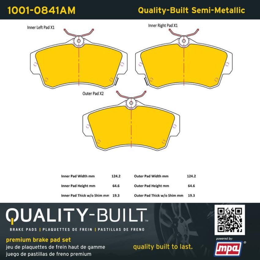 MPA 1001-0841AM Quality-Built Premium Semi-Metallic Brake Pads w/ Hardware
