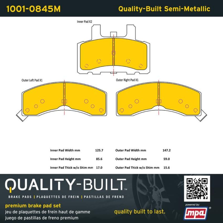 MPA 1001-0845M Quality-Built Premium Semi-Metallic Brake Pads w/ Hardware
