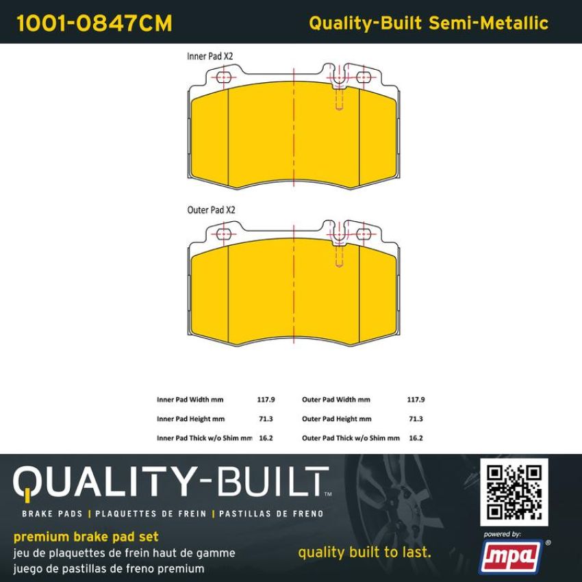 MPA 1001-0847CM Quality-Built Premium Semi-Metallic Brake Pads w/ Hardware