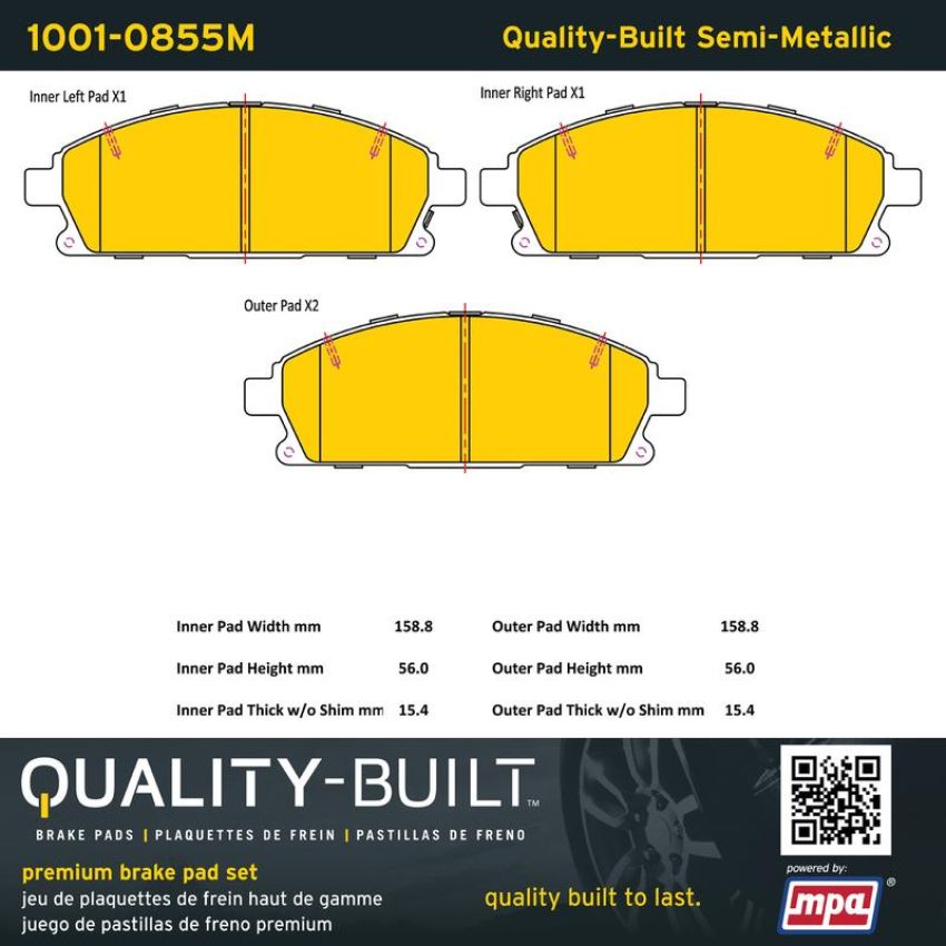 MPA 1001-0855M Quality-Built Premium Semi-Metallic Brake Pads w/ Hardware