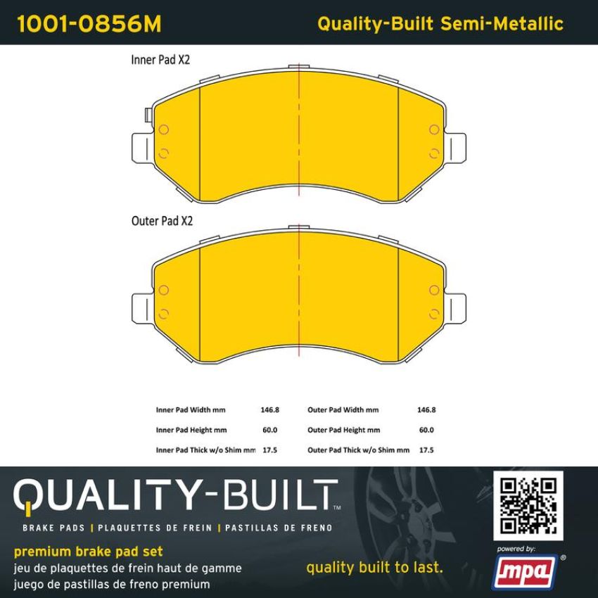 MPA 1001-0856M Quality-Built Premium Semi-Metallic Brake Pads w/ Hardware
