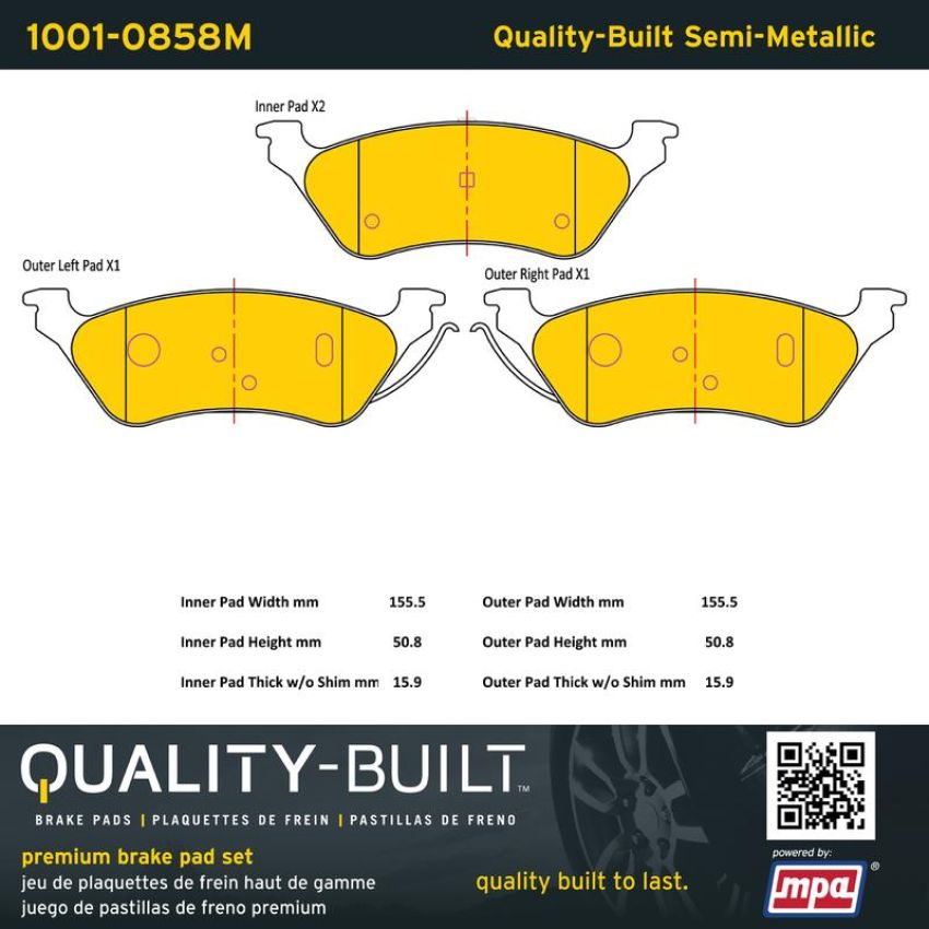MPA 1001-0858M Quality-Built Premium Semi-Metallic Brake Pads
