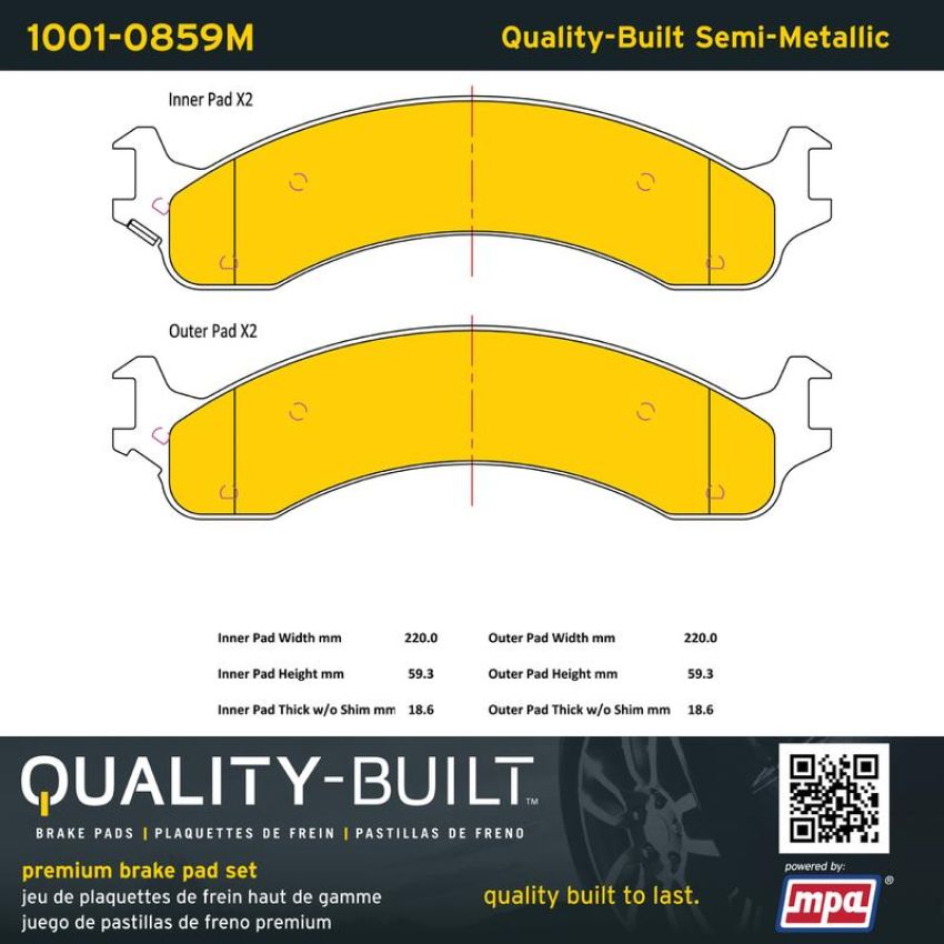 MPA 1001-0859M Quality-Built Premium Semi-Metallic Brake Pads w/ Hardware