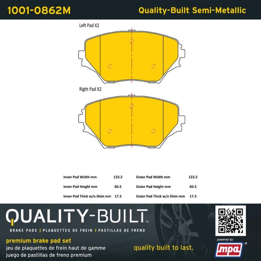 MPA 1001-0862M Quality-Built Premium Semi-Metallic Brake Pads w/ Hardware