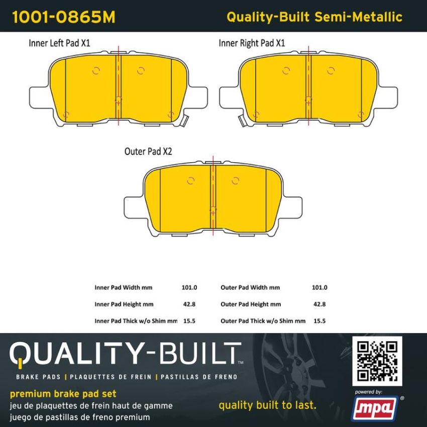 MPA 1001-0865M Quality-Built Premium Semi-Metallic Brake Pads w/ Hardware