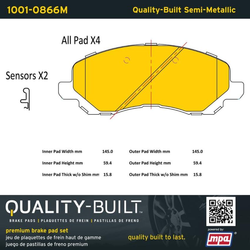 MPA 1001-0866M Quality-Built Premium Semi-Metallic Brake Pads w/ Hardware