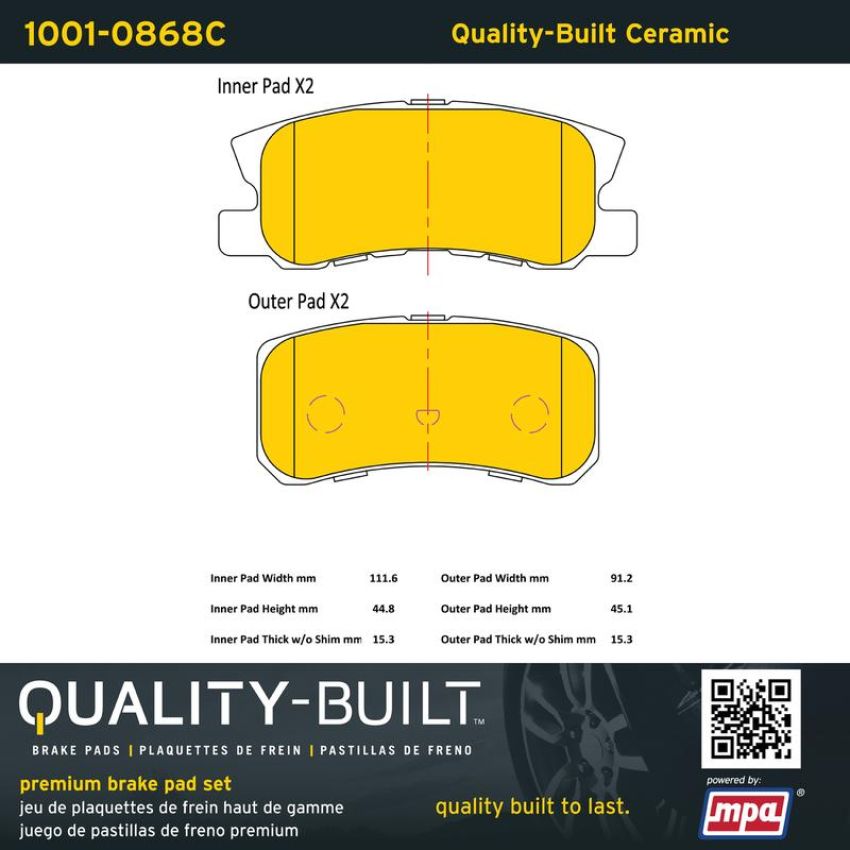 MPA 1001-0868C Quality-Built Premium Ceramic Brake Pads w/ Hardware