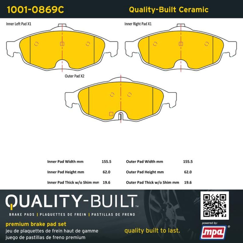 MPA 1001-0869C Quality-Built Premium Ceramic Brake Pads w/ Hardware