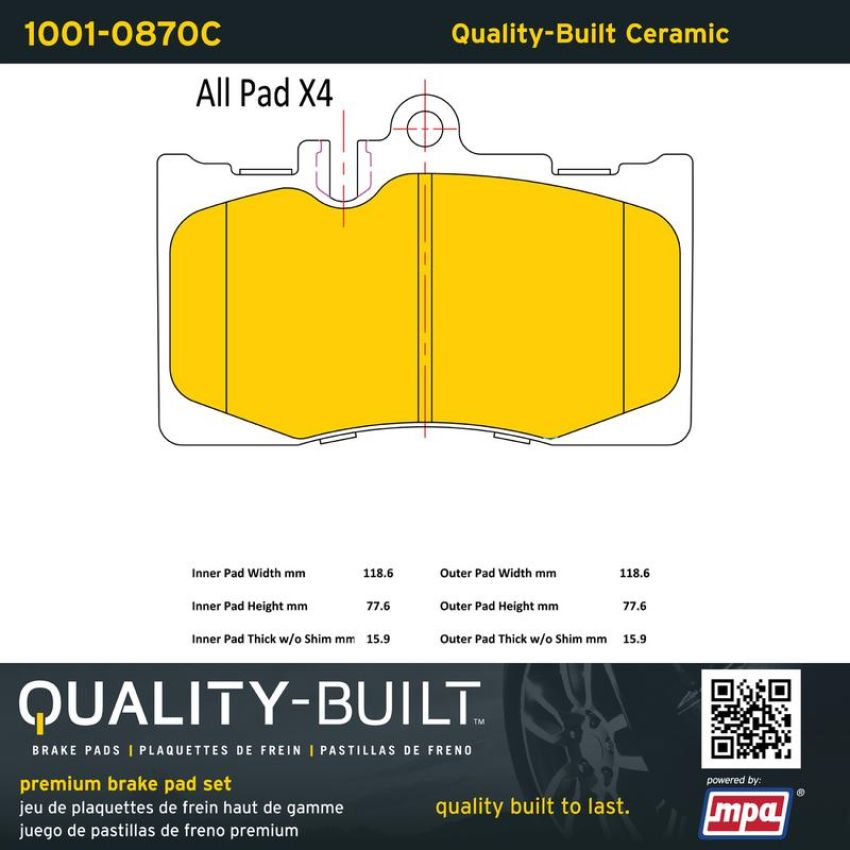 MPA 1001-0870C Quality-Built Premium Ceramic Brake Pads w/ Hardware