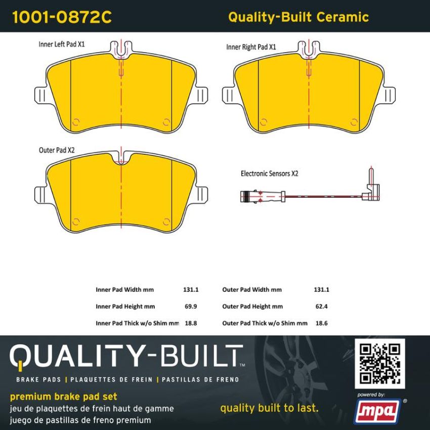MPA 1001-0872C Quality-Built Premium Ceramic Brake Pads w/ Hardware