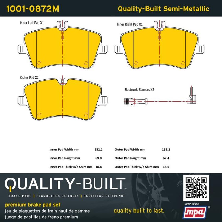MPA 1001-0872M Quality-Built Premium Semi-Metallic Brake Pads w/ Hardware