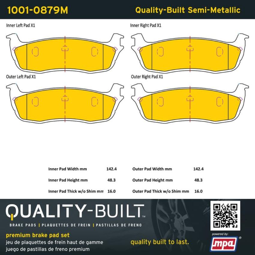 MPA 1001-0879M Quality-Built Premium Semi-Metallic Brake Pads w/ Hardware