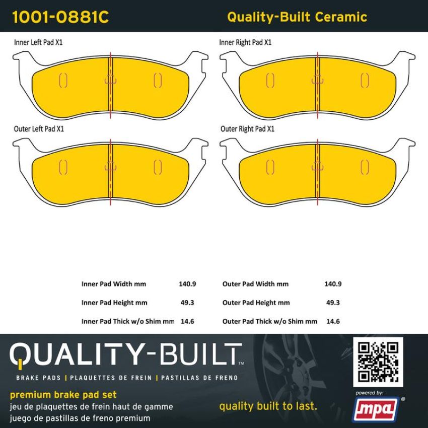 MPA 1001-0881C Quality-Built Premium Ceramic Brake Pads w/ Hardware