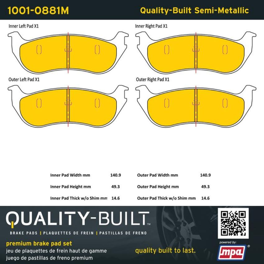 MPA 1001-0881M Quality-Built Premium Semi-Metallic Brake Pads w/ Hardware