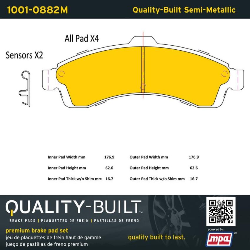 MPA 1001-0882M Quality-Built Premium Semi-Metallic Brake Pads w/ Hardware