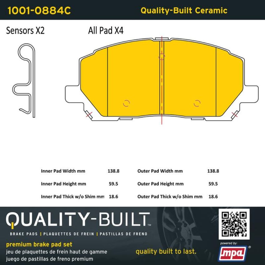 MPA 1001-0884C Quality-Built Premium Ceramic Brake Pads w/ Hardware