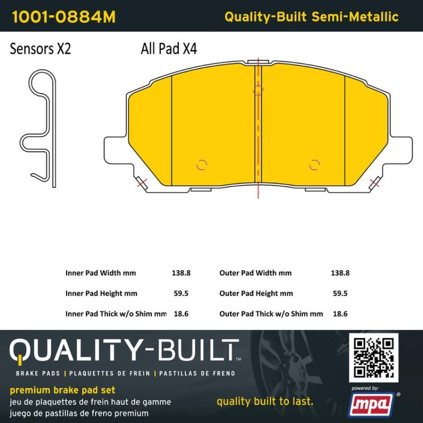 MPA 1001-0884M Quality-Built Premium Semi-Metallic Brake Pads w/ Hardware