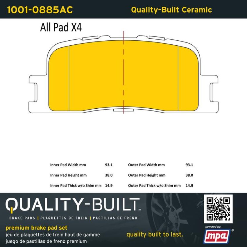MPA 1001-0885AC Quality-Built Premium Ceramic Brake Pads w/ Hardware