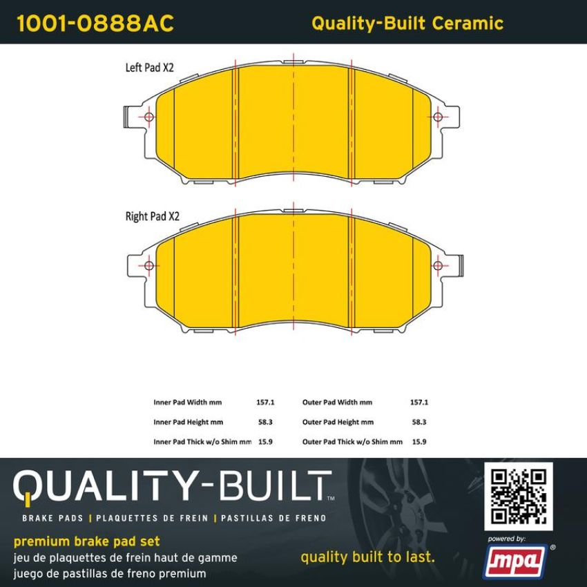 MPA 1001-0888AC Quality-Built Premium Ceramic Brake Pads w/ Hardware