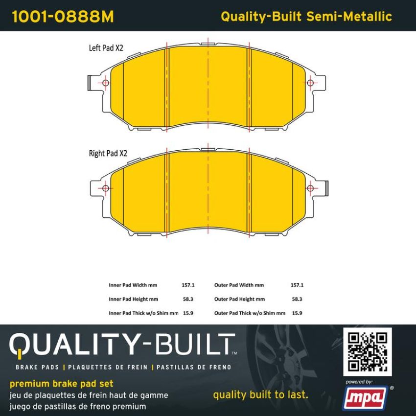 MPA 1001-0888M Quality-Built Premium Semi-Metallic Brake Pads w/ Hardware