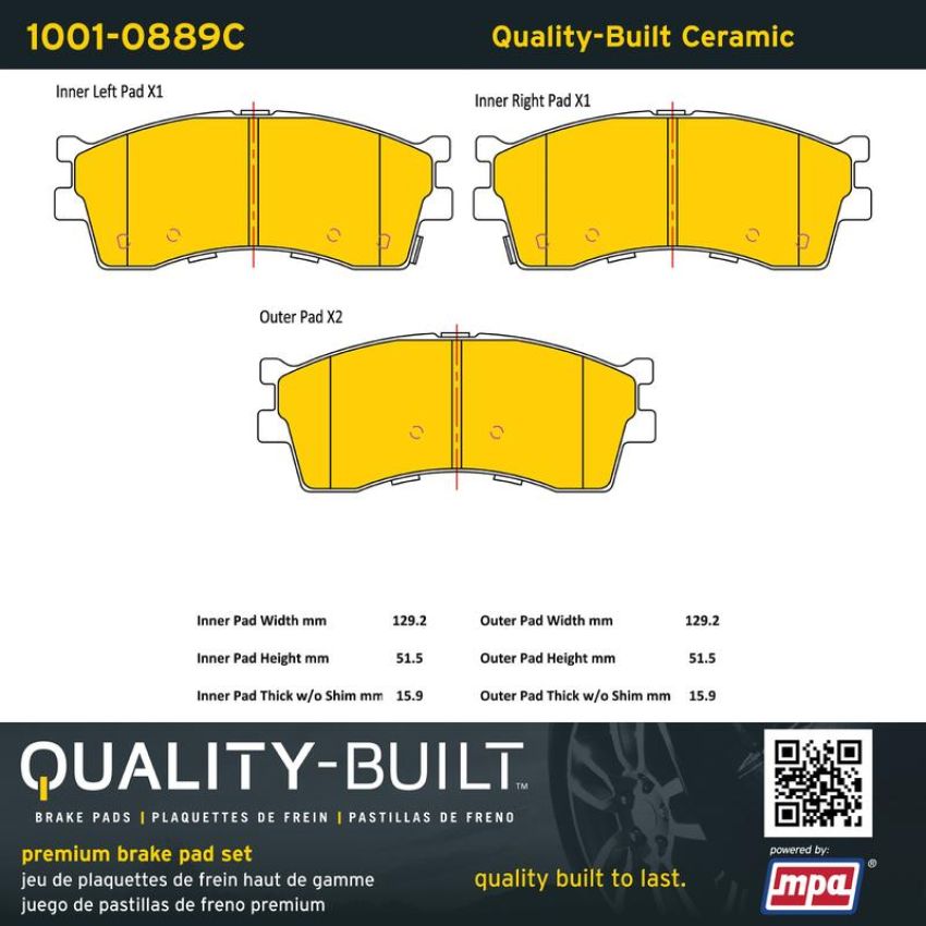 MPA 1001-0889C Quality-Built Premium Ceramic Brake Pads w/ Hardware
